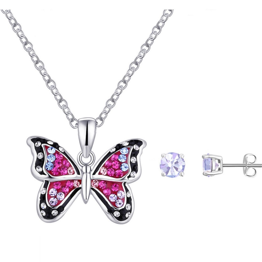 Fine Silver Plated Purple Stud Earring Butterfly Necklace GIFT BOX Valentines